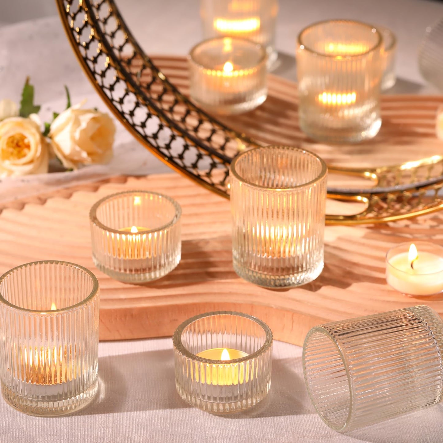 20pcs Assorted Ribbed Clear Votive & Tea Light Candle Holders, Glass Candle Holder for Table Centerpiece, Wedding, Baby Shower, Home and Party Decorations