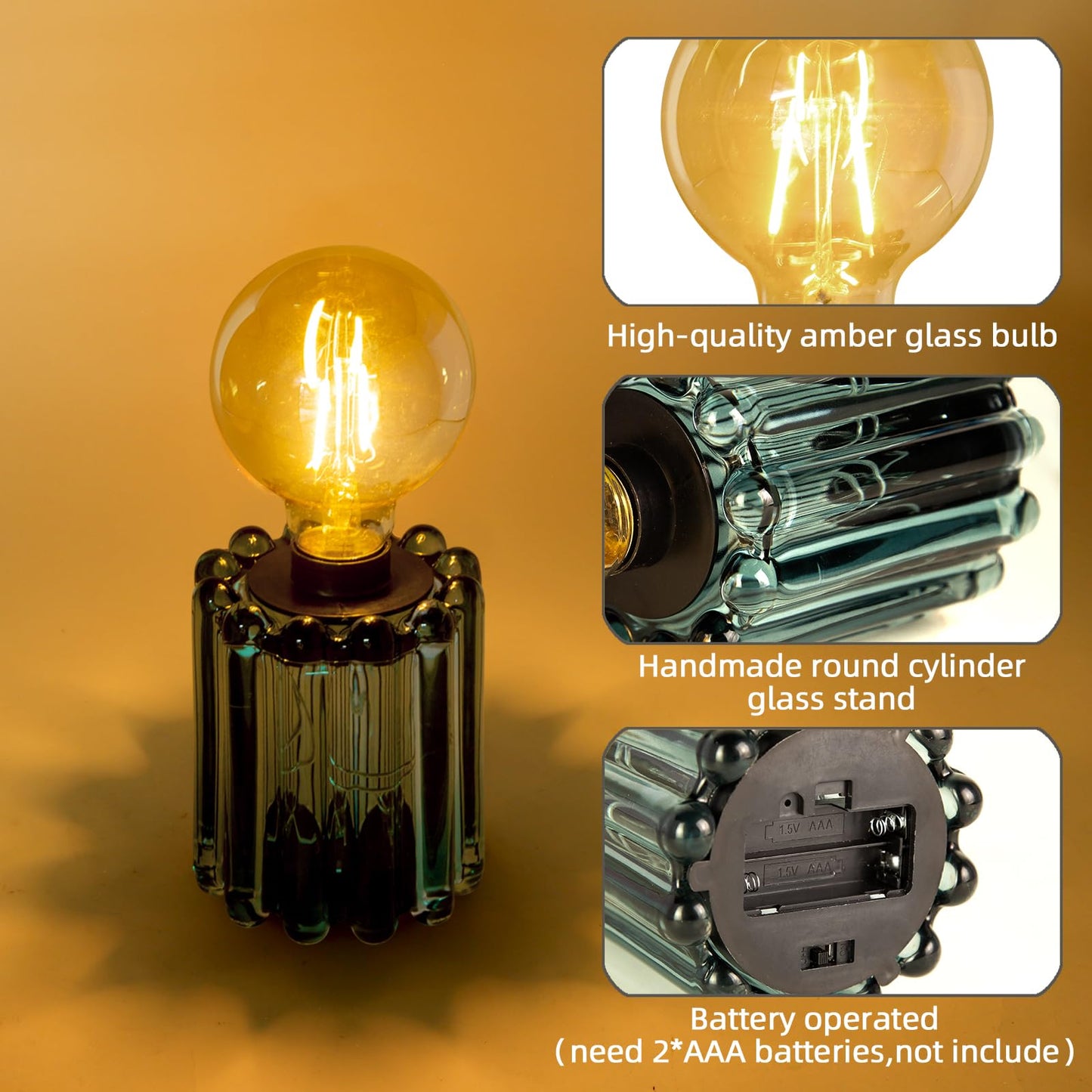 Set of 2 Battery Operated Table Lamp, Battery Powered Cordless Lamp with Timer, Glass Bulb Shape Decorative Lights for Living Room Bedroom Weddings Parties Patio Events Indoors Outdoors(Loden Frost)