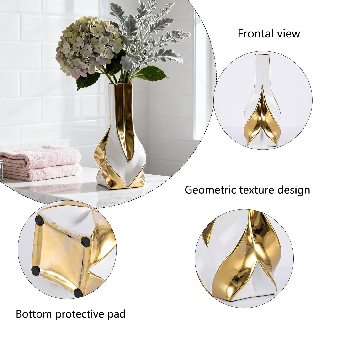 10.6" White and Gold Ceramic Vase, Modern Geometric Flower Vase for Dining Table Centerpiece, Elegant Decorative Vase for Pampas Grass, Living Room, Bedroom, Office, Tabletop Decoration