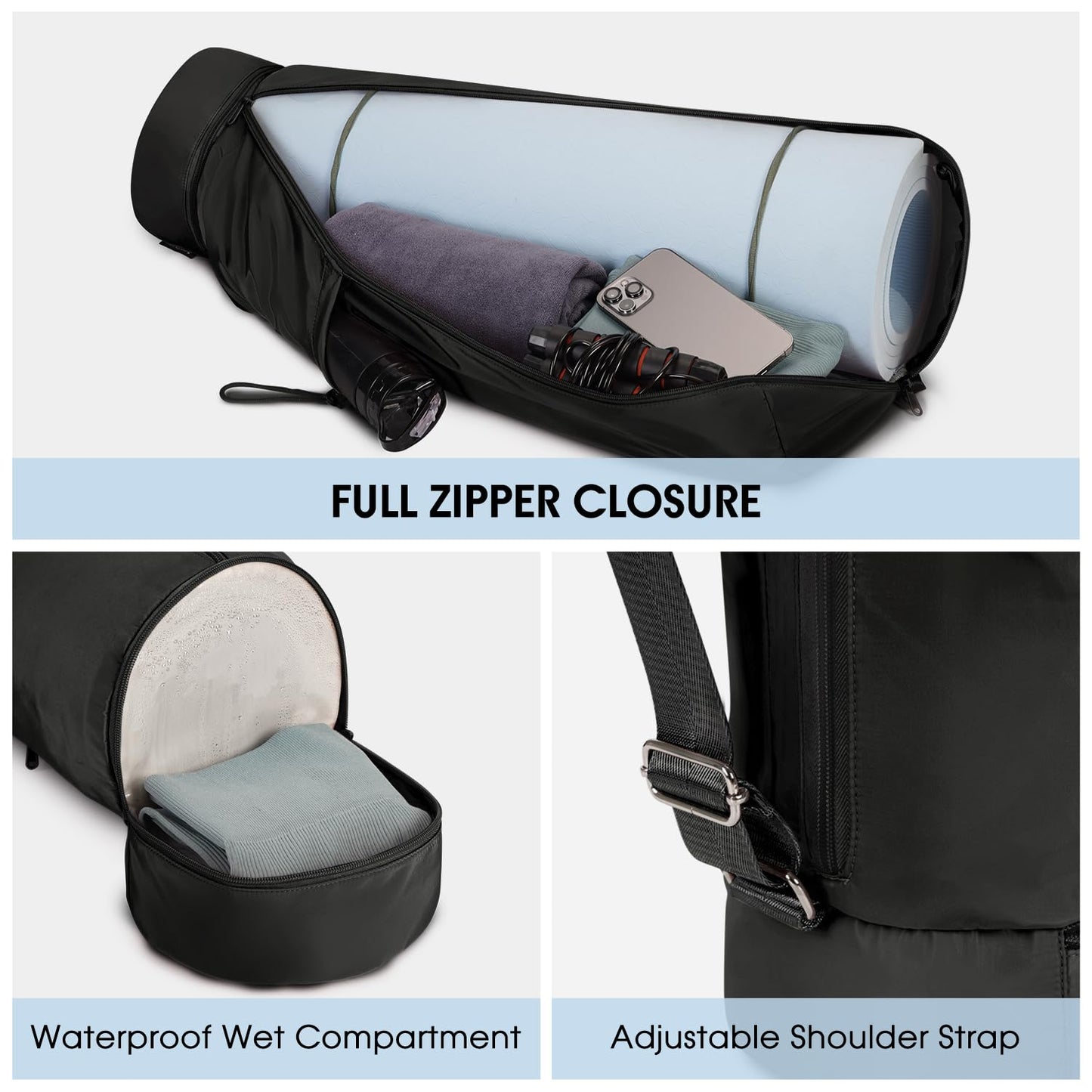 sportsnew Yoga Mat Bag, Full Zip Cargo Yoga Mat Carrier Bag with Drawstring Water Bottle Pocket and Bottom Wet Pocket, Exercise Yoga Mat Carrier Holder Multi-Functional Storage Bag patent pending