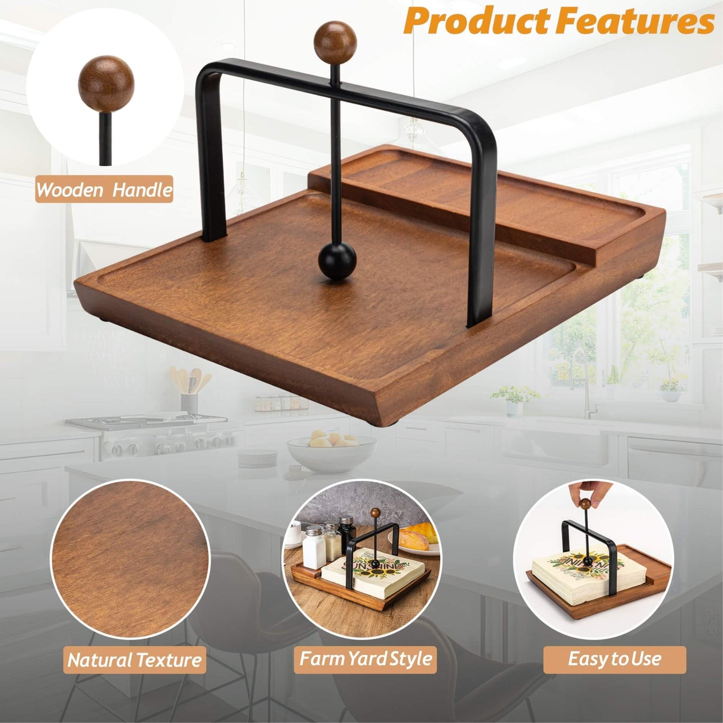 Black Wooden Napkin Holder, Multifunctional Farmhouse Napkin Holder for Table, Kitchen, Outdoor Use, Includes Space for Salt and Pepper Shakers (Seasoning Jar Not Included)