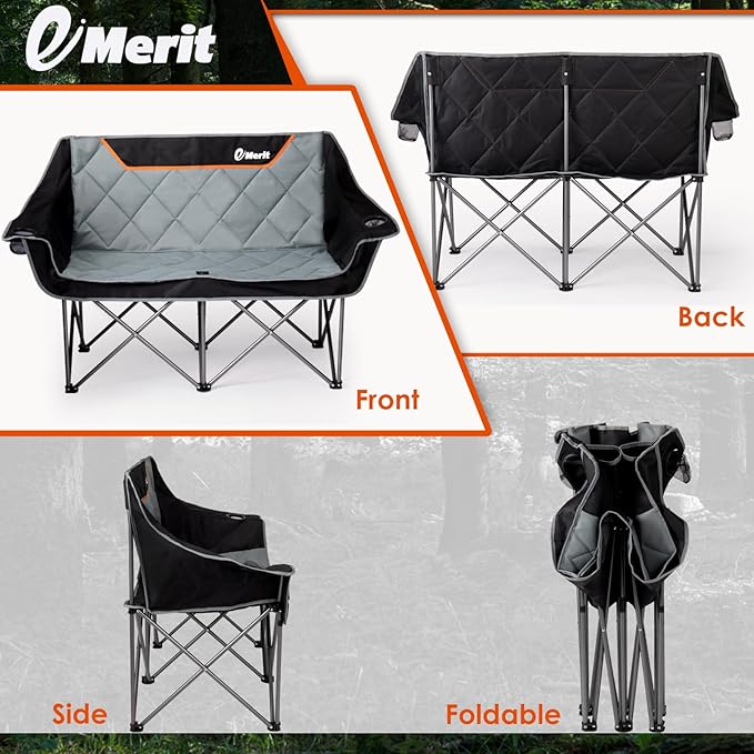 EMERIT Oversized Fully Padded Camping Chair, Heavy Duty 650LB Folding Camping Loveseat, Quad Fold Double Camping Couch with Cup Holders & Carry Bag for Outdoor, Lawn, Sports Events | HIgh Back, Rip resistance, Extra Wide Design, Cross-bracing Hubs, Eas...