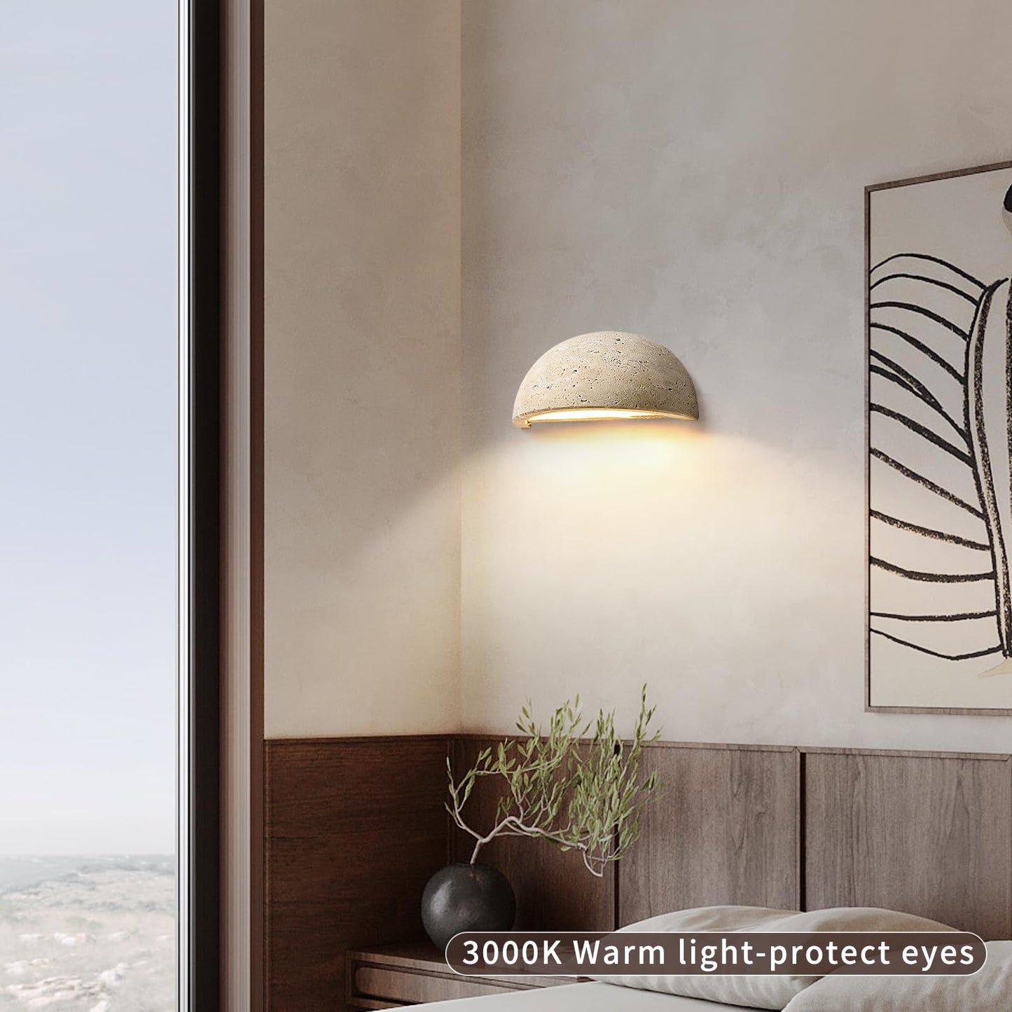 Wabi-Sabi Art Lighting Fixture Nordic Modern Marble Wall Sconce, Half Moon Semi Circle Yellow Travertine Wall Lamp,Japanese Style Natural Stone Bedside Wall Light for Bedroom, Foyer, Entryway,Stairs
