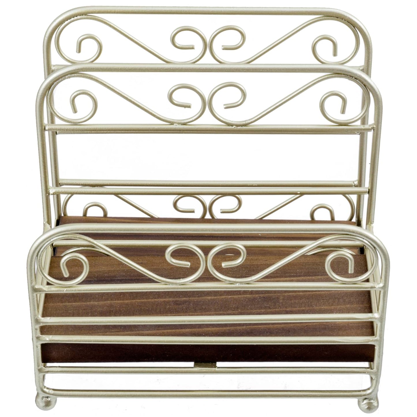 MyGift 2-in-1 Disposable Napkin and Salt & Pepper Caddy, Brass Tone Metal Vintage Scrollwork Dinner Table Paper Towel Condiment Holder with Rustic Burnt Solid Wood Base