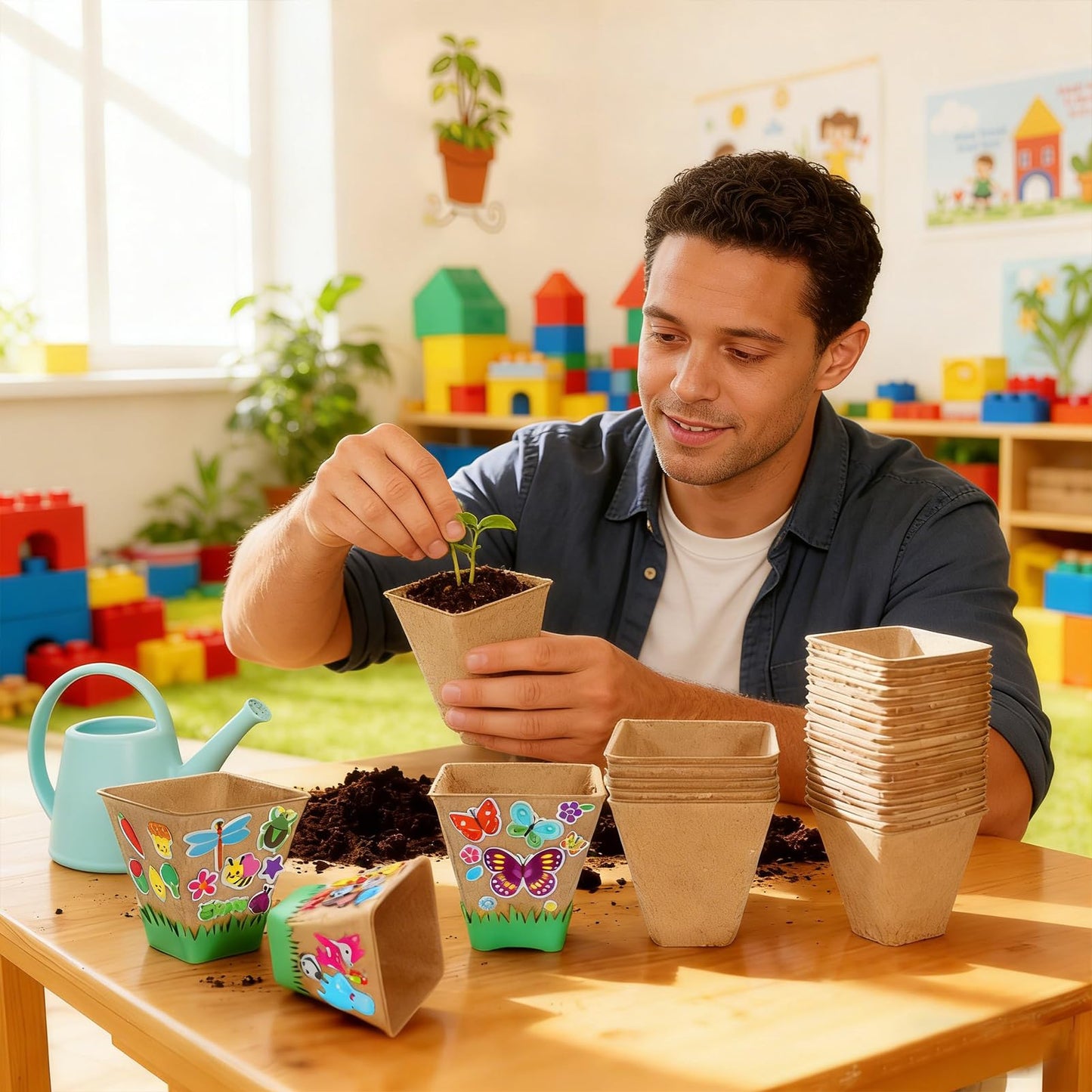 NNG 20 Set Garden Paper Pot Craft Kit,20Pcs Square Paper Mache Pots Peat Plant Pots with 200pcs Adhesive Foam Stickers & 20Pcs Pots Labels,Flower Plant Spring Craft for DIY Flower Planting