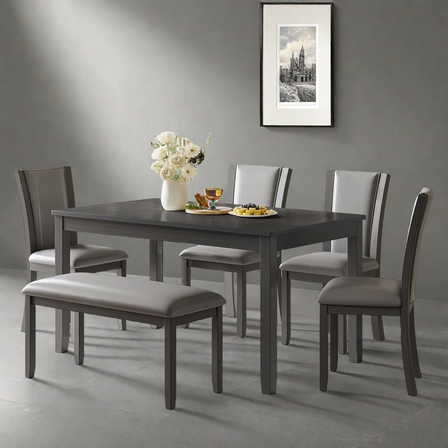 Trygoal Dining Table Set for 6, Farmhouse 6 Piece Dining Room Table Set with Rectangular Table, 4 Upholstered Backrest Chairs and Bench, Counter Height Kitchen Sets with Warm Woodgrain Finish, Gray