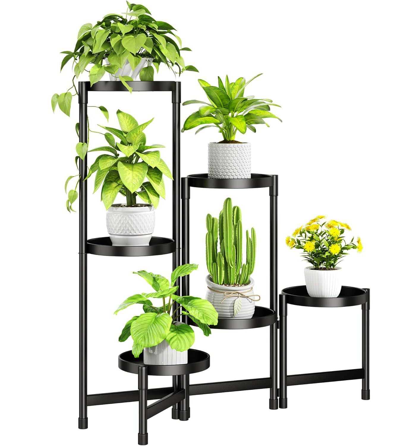 Biciyarn Plant Stand Indoor Outdoor with Metal Tray 6 Tiered Corner Plant Holders for Folding Plants Flower Pot Holder Display Stand for Living Room Balcony Garden-Black