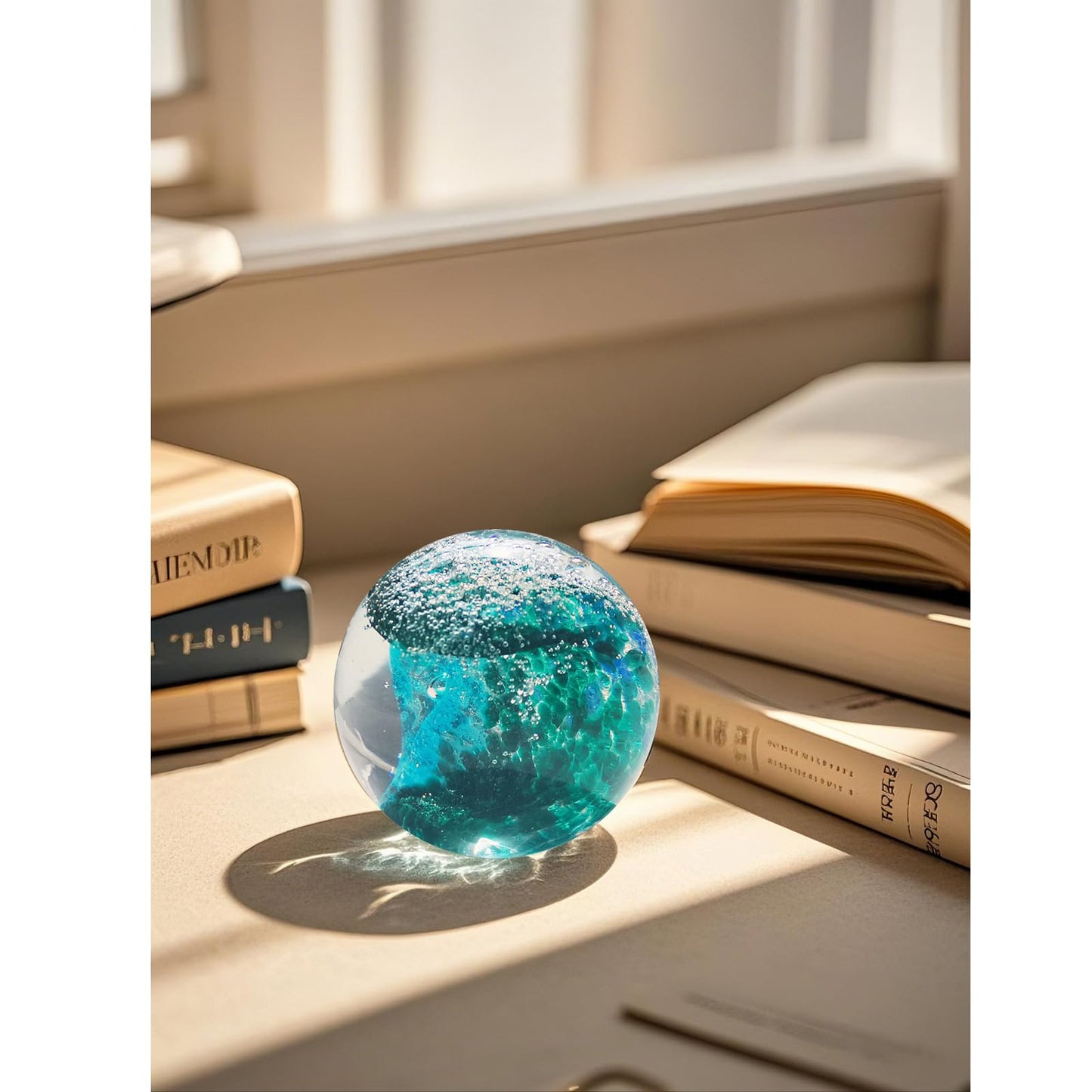 JUYOULE Hand Blown Glass Figurines Ball: Ocean Wave Design Glass Paper Weights, Beach Decorations for Home - Unique Ocean Themed Bathroom Decor and Gift for Ocean Lovers
