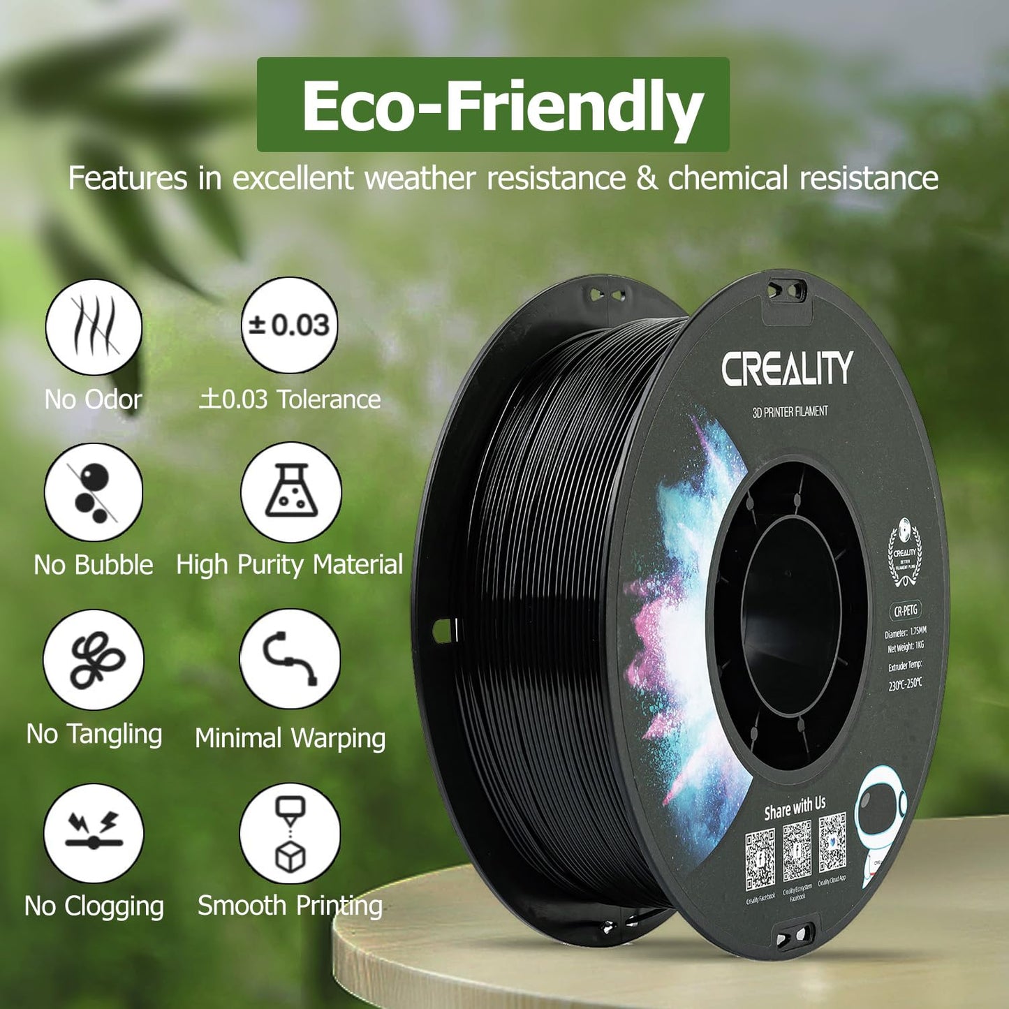 Creality PETG Filament 1.75mm 3D Printer Filament 1KG (2.2lbs), High Precision, Strong Toughness, Odorless, Dimensional Accuracy +/- 0.02 mm, Moistureproof 3D Filament for FDM 3D Printer, Black