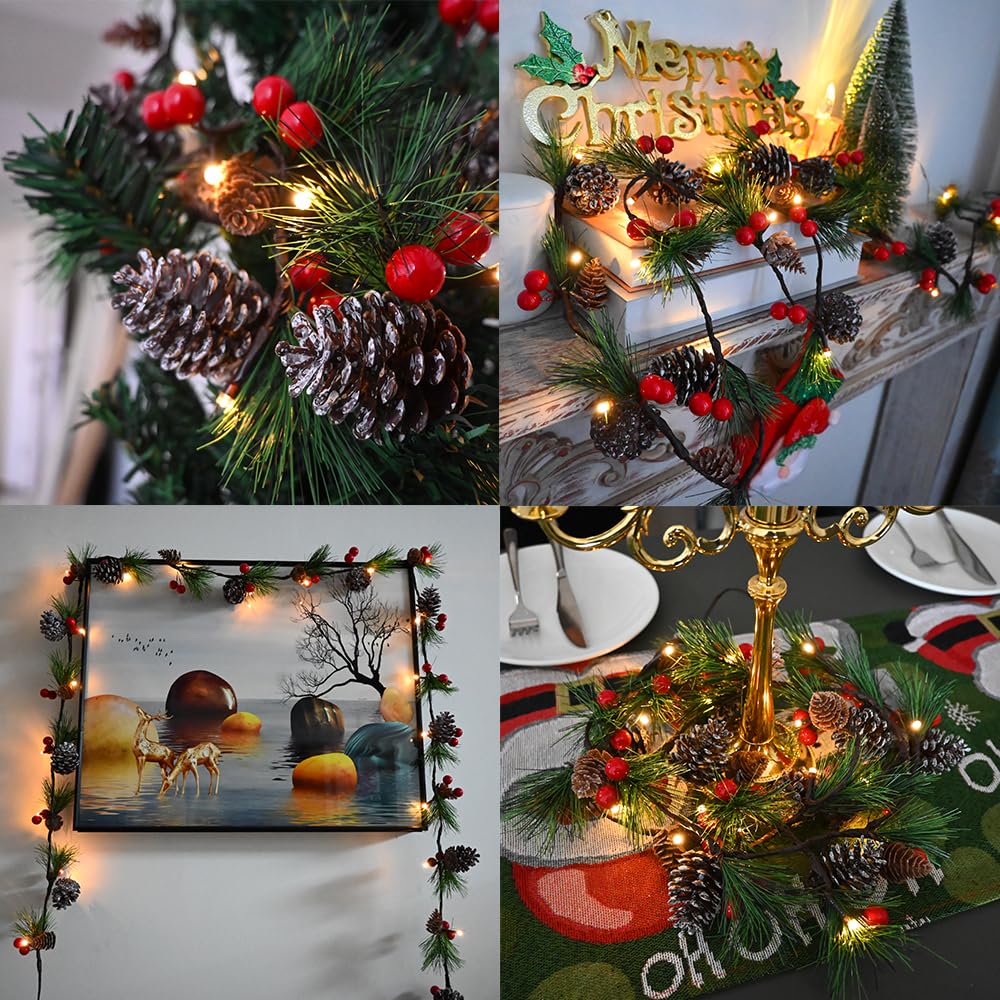 HamiFinee Christmas Garland Lights 6.56FT Holiday Prelit Garlands Pine Cone Garland with Red Berry Upgraded Battery Operated Garland with LED Lights Xmas Decor Lights for Outdoor Indoor Christmas