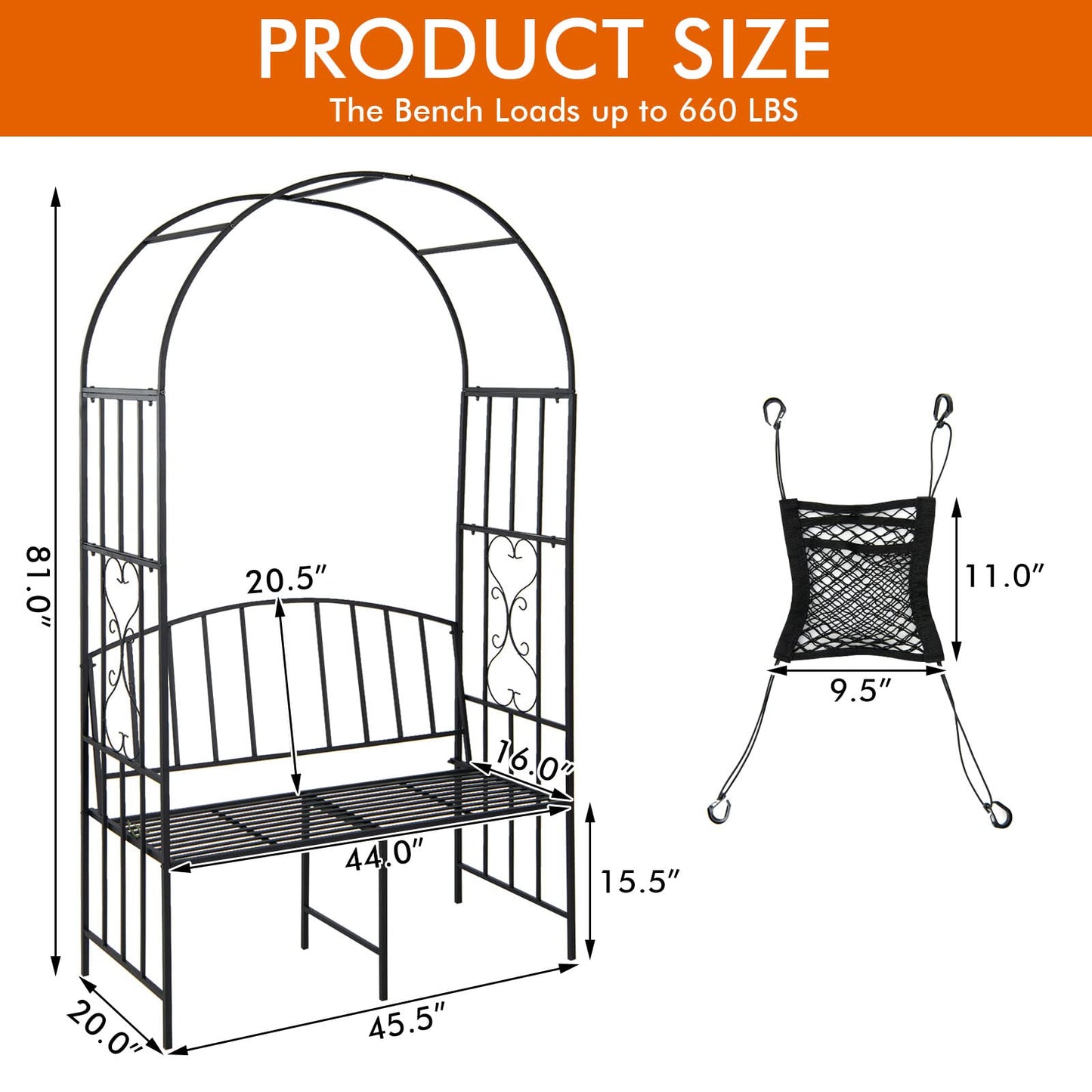 Moccha Metal Garden Arch with Bench, Outdoor Pergola Trellis Archway for Climbing Plant Roses Vines, 2-Person Garden Arbor with Seat for Backyard Weeding Party Ceremony, 81” x 45.5'' x 20'', Black