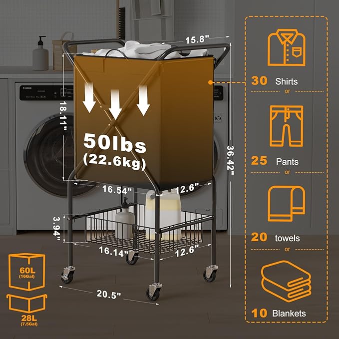 Laundry Basket with Wheels:88L Rolling Laundry Cart Foldable Metal Frame Dirty