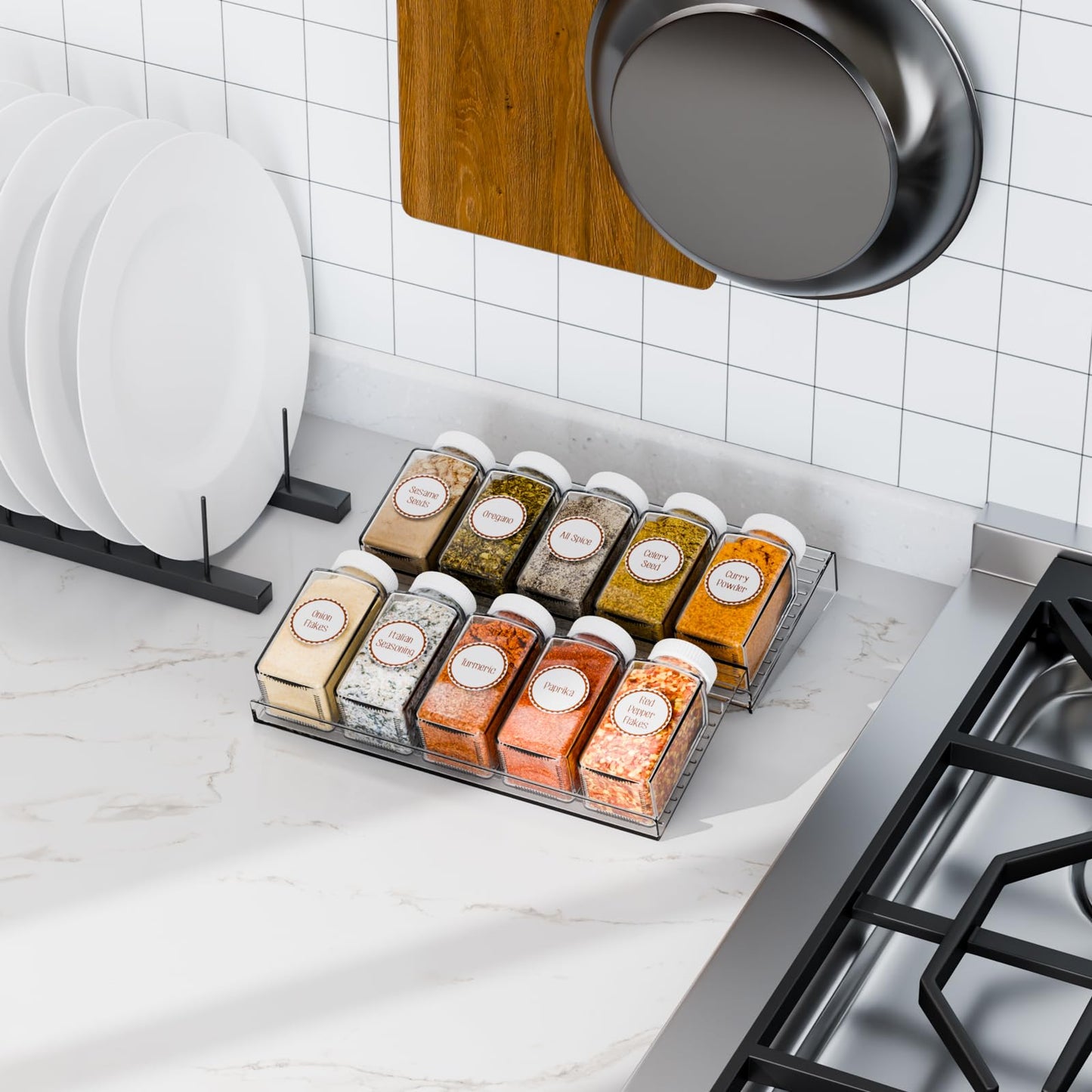Yieach 8 Pack Adjustable Narrow Spice Rack for Drawer - Expandable From 9" to 17.7" - Acrylic Drawer Seasoning Organizer,Tiered Clear Spice Tray for Spices,Condiment,Nail Polish and Jar Organization