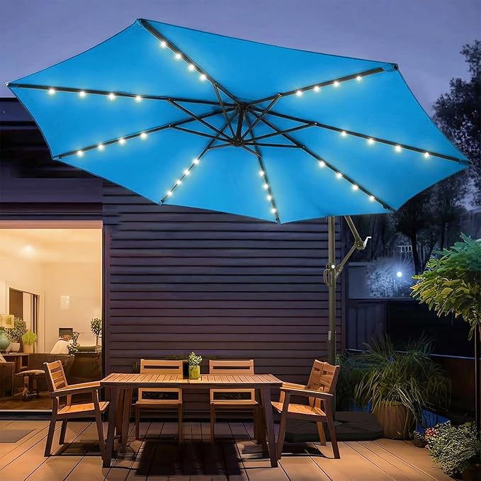 wikiwiki 10ft Solar LED Patio Umbrella with Base Included, Offset Umbrella with Sandbag Base, Cantilever Patio Umbrellas for Backyard, Garden & Deck, 32 LED Lights & Polyester Shade, Royal Blue