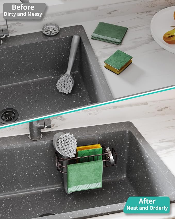 HapiRm 4 in 1 Adhesive Kitchen Sink Organizer, SUS304 Stainless Steel Brush