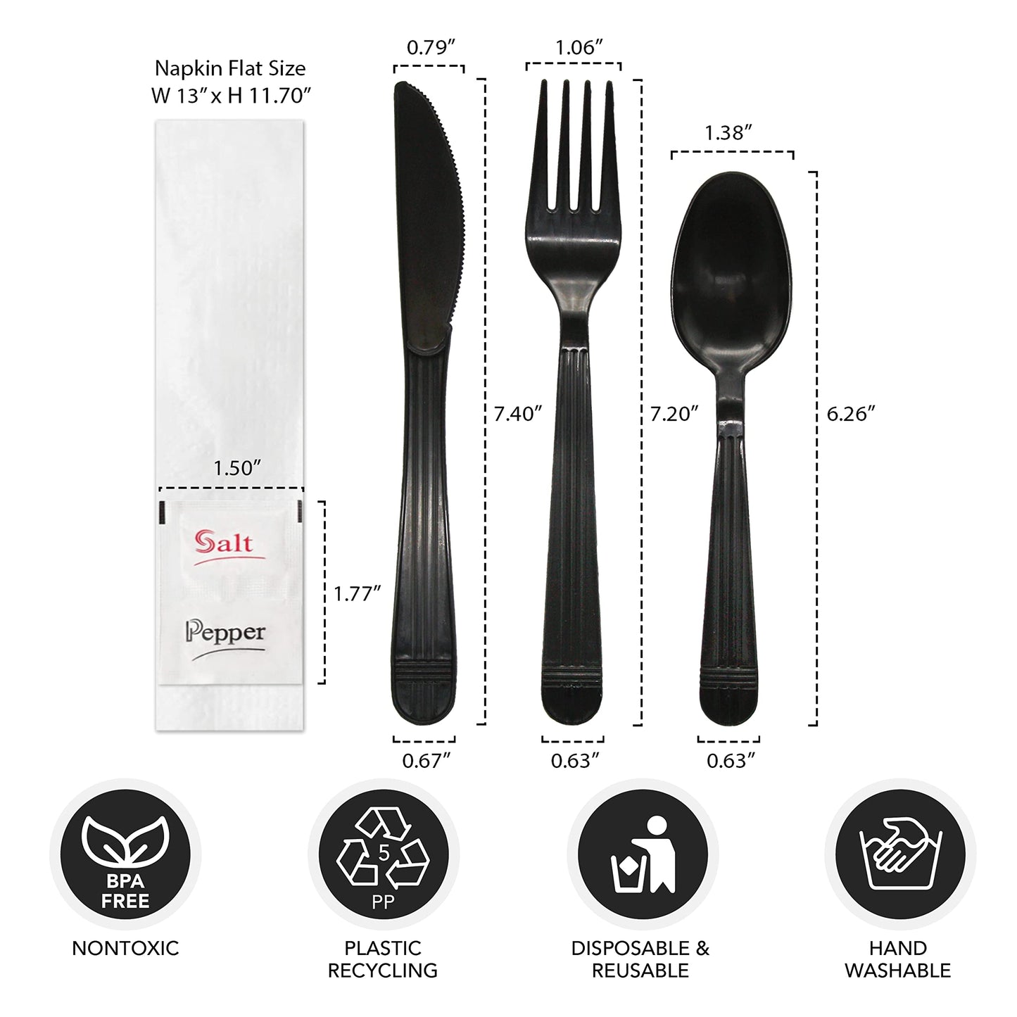 Party Essentials Individually Wrapped Plastic Cutlery Packets/Heavy Duty Silverware Kits, Fork/Spoon/Knife/Napkin/Salt/Pepper, 50 Utensils Sets, Black