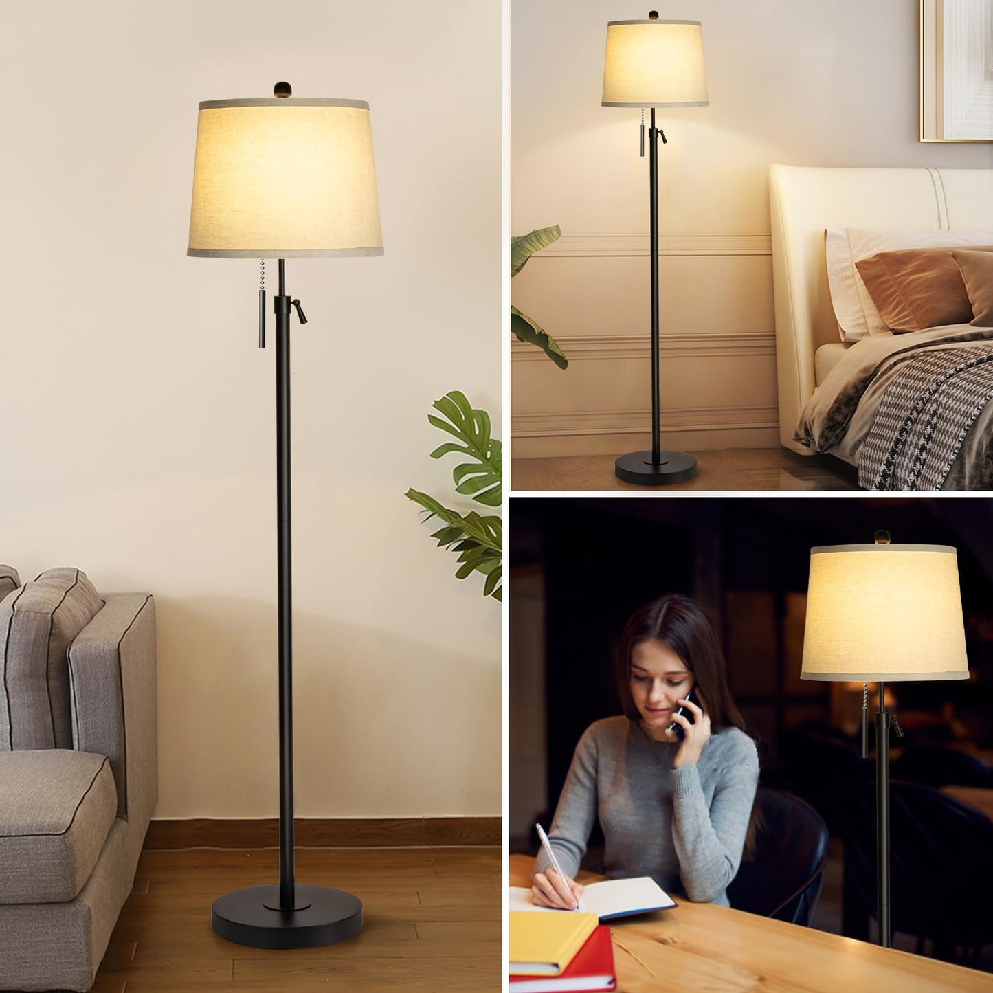 JUNNAI Floor Lamps for Living Room, Black Floor Lamp Adjustable Height Standing Lamp, Dimmable Modern Tall Floor Lamp for Bedroom Office with Beige Linen Shade, 8W 3000K Bulb Included