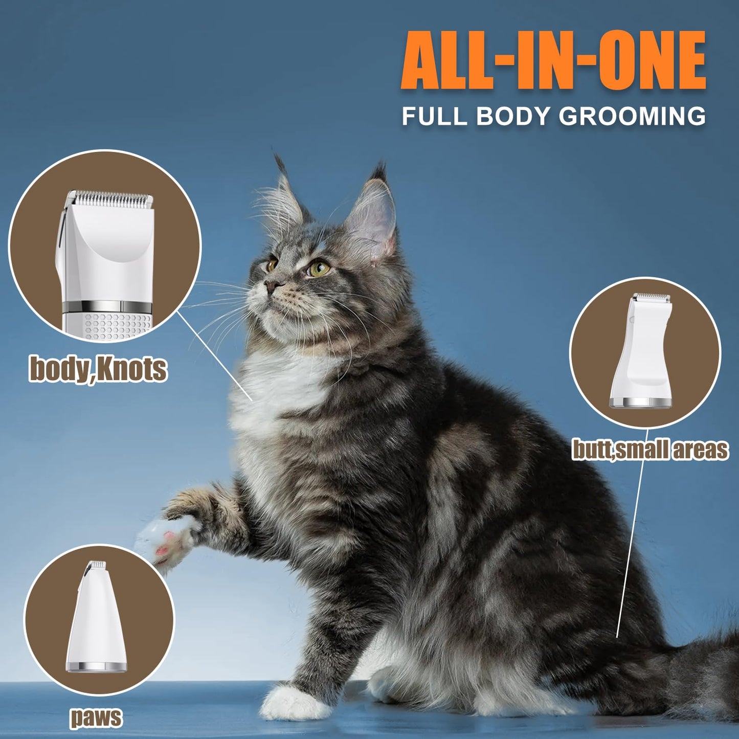 Bautrium Cat Grooming Clippers Kit, Low Noise Cat Shaver for Matted Fur Claw - Paw Trimmer for Dogs with Stainless Steel Scissors Combs & USB-C Charging Cable