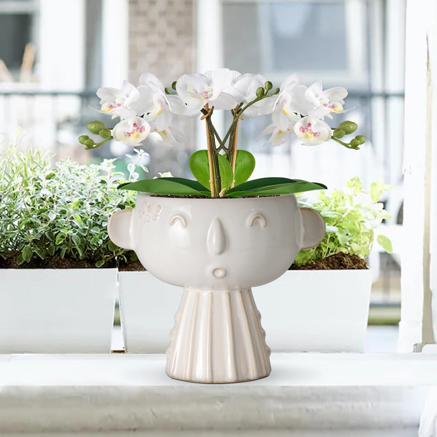 Fivepot Face Planter Pot 7 Inch - Cute Ceramic Flower Head Planter for Indoor Outdoor Succulent Pot with Drainage Hole Flower Pot Present for Mother Christmas White