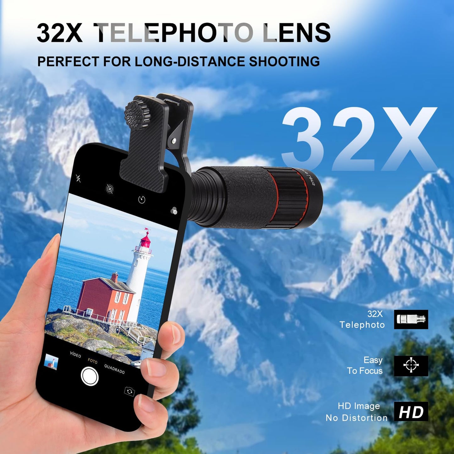 32X Long Focus Telephoto Phone Lens for iPhone and Android, Zoom Cellphone Camera Lens with Phone Clip for Picture Video Taking