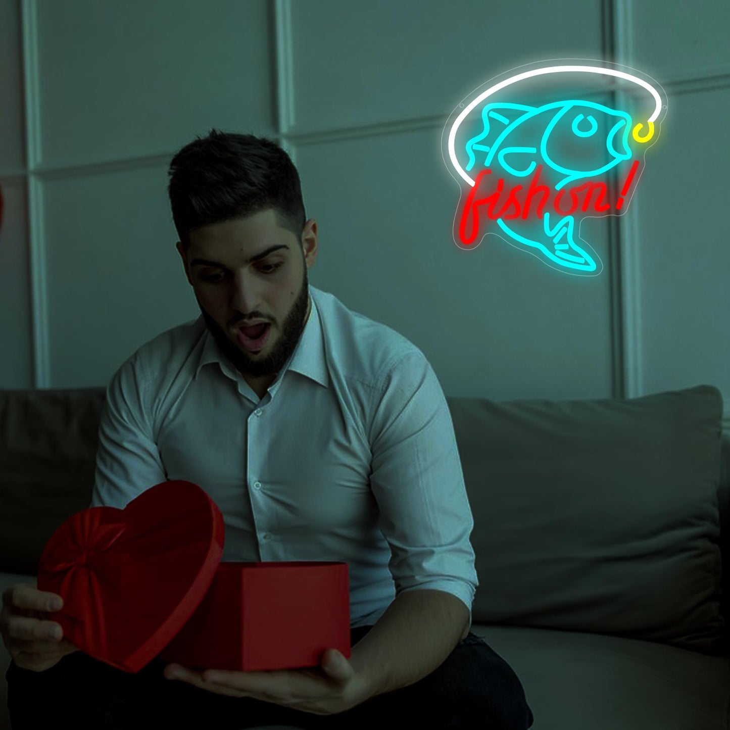 Fishing Neon Sign for Wall Decor Fishing Neon Light for Man Cave Dimmable LED Light Up Sign for Bedroom Living Room Club Party Birthday Gifts Wall Art Size 12.9 * 12.9(WZCP051)
