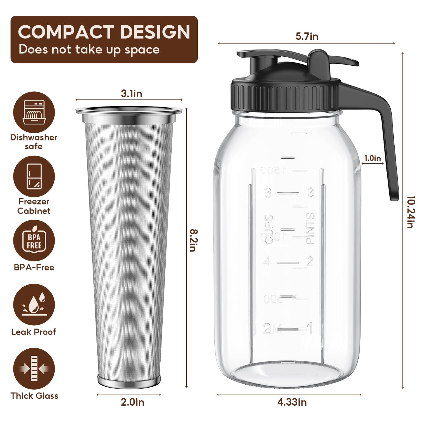 2 Pack 64 oz(2 Quart / 1.9 Liter) Cold Brew Coffee Maker Jar - Glass Cold Brew Maker with Handle, Stainless Steel Filter&Leak-Proof Lid, Heavy Duty Cold Brew Pitcher for Iced Coffee, Sun Tea, and Milk
