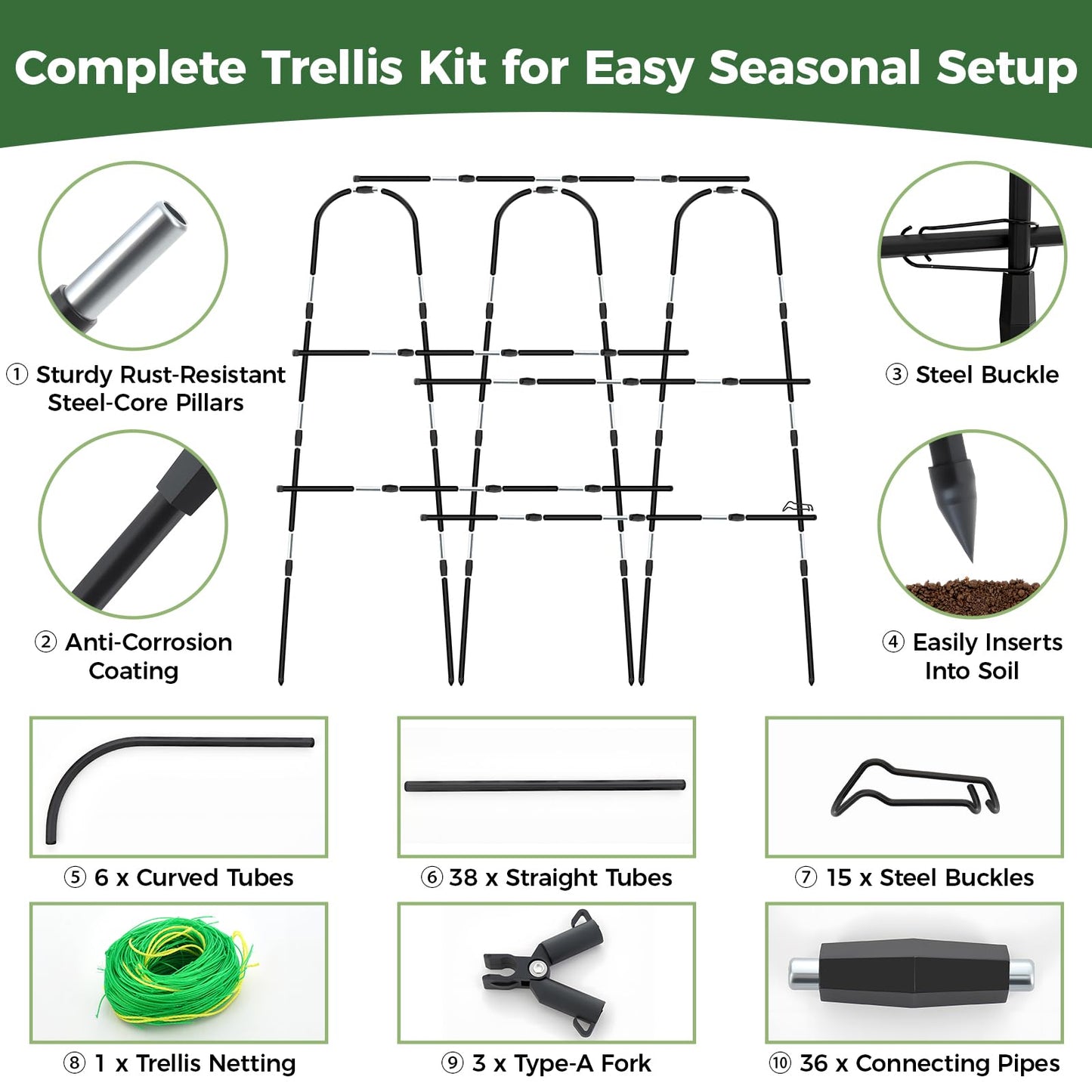 Cucumber Trellis for Raised Bed, 62"x62"U-Shape Garden Trellis for Climbing Plants Outdoor, Metal Arch Plant Support with Netting for Cucumbers, Beans, Tomatoes & Climbing Vegetables