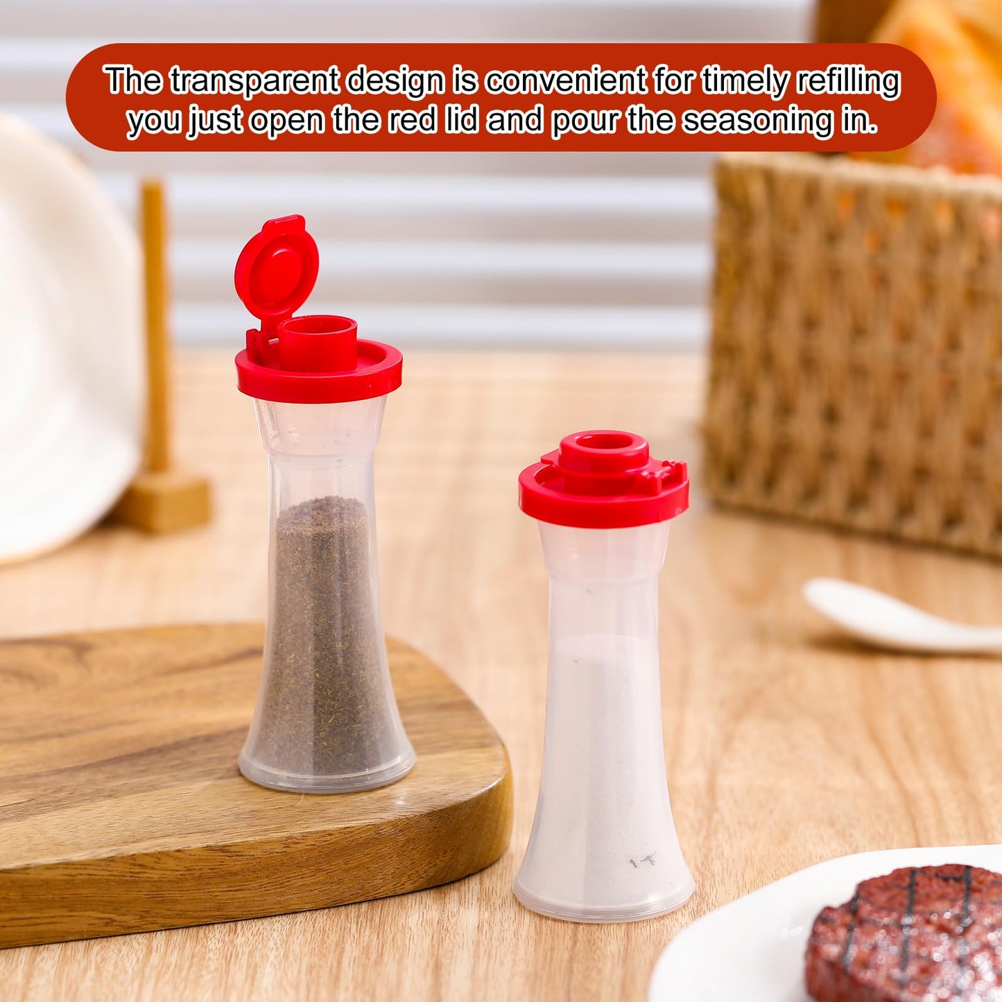 Reallnaive 2 Pcs Mini 4 Inch Plastic Salt and Pepper Shakers Set - Hourglass Covered Salt Pepper Shakers with Lids Airtight Seasoning Bottle Dispenser for Home Kitchen Restaurant Lunch Outdoor Picnic