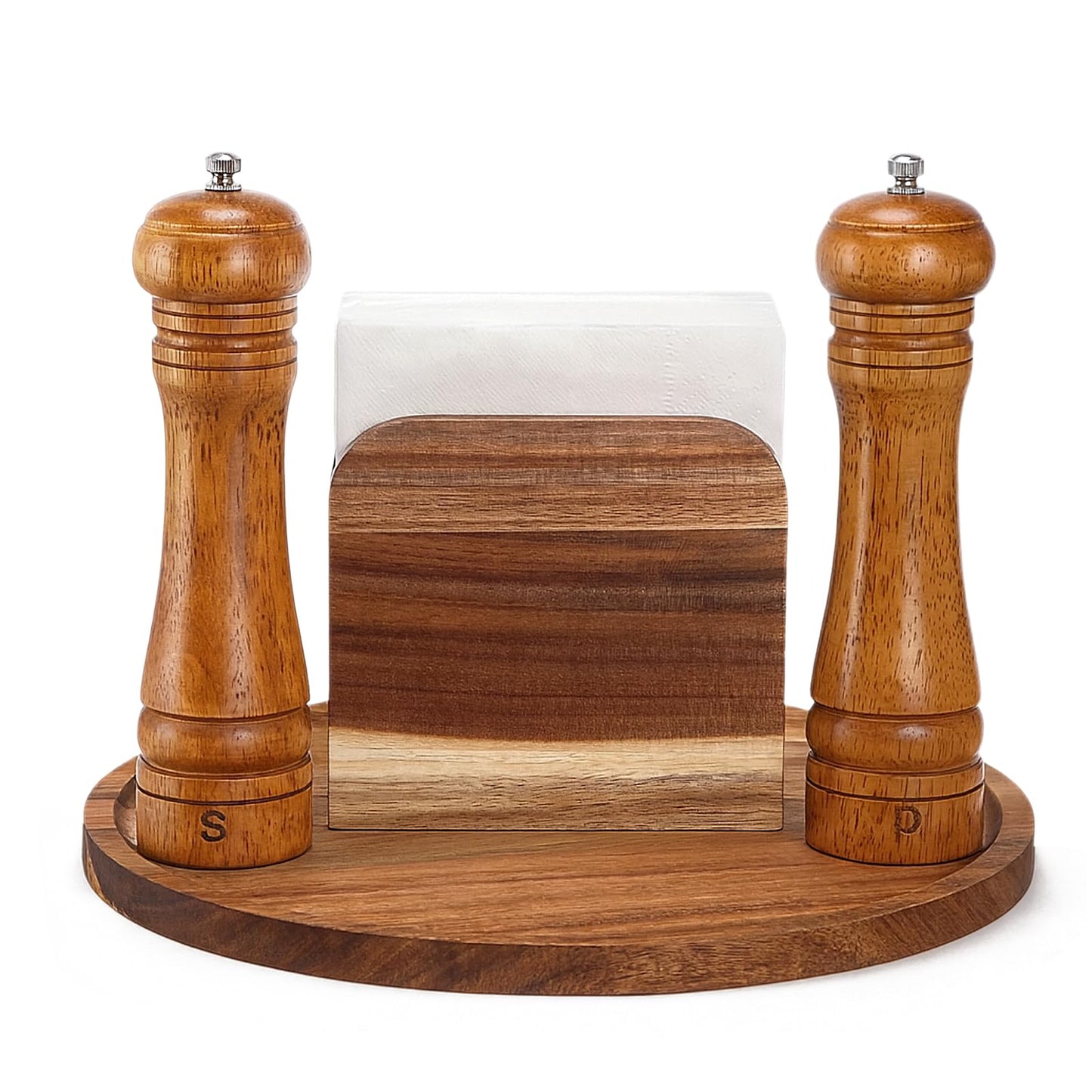 4 Pcs Rustic Farmhouse Decor Set Acacia Wooden Napkin Holder Salt and Pepper Shakers and 12" Round Wood Tray Spice Rack Table Tray for Kitchen Countertop Dining Table Centerpieces(Brown)