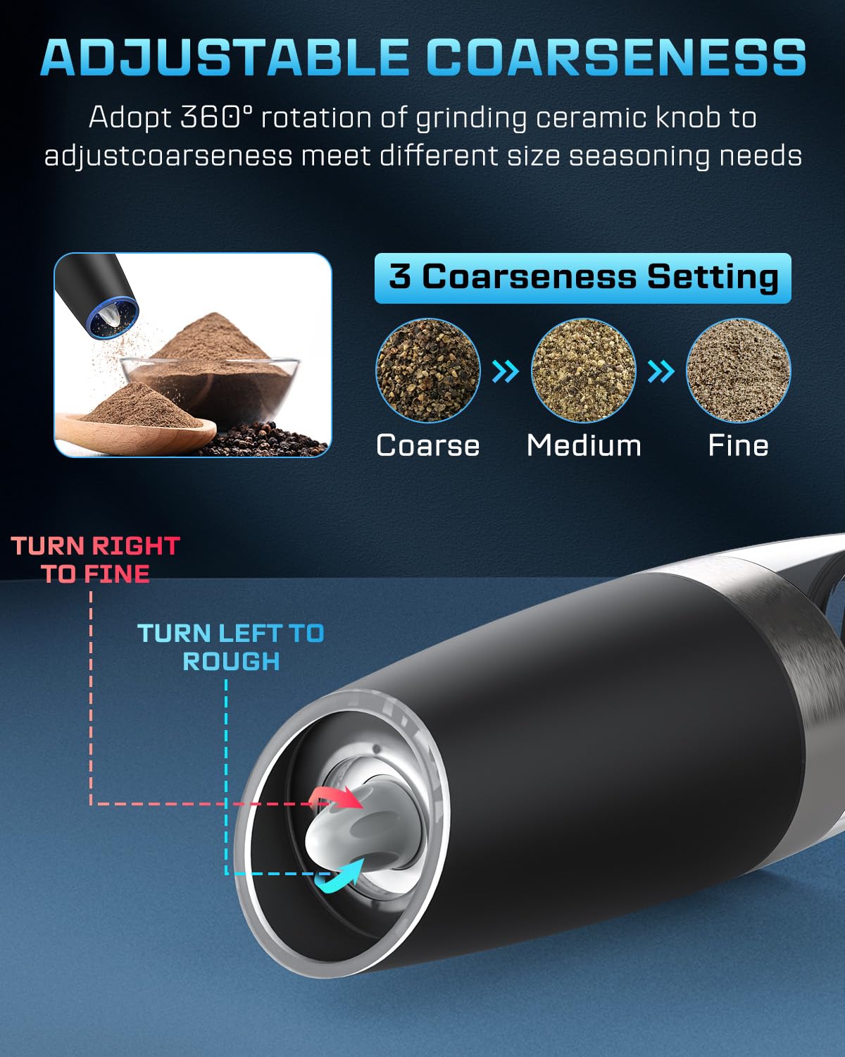 XinXu Gravity Automatic Electric Pepper and Salt Grinder, Auto Salt or Pepper Mill Shaker Stainless Steel,Blue LED Light,One Hand Operated, Black