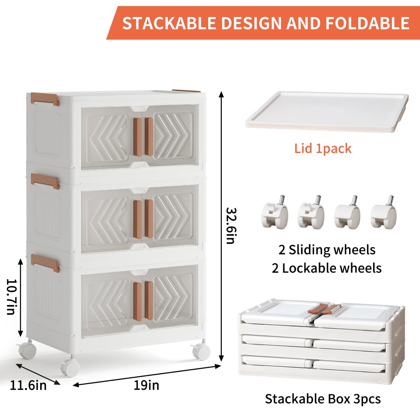 Fixwal 44QT Stackable Storage Bins with Lid, Closet Organizers and Storage with Lockable Wheels, Plastic Foldable Box Containers for Cabinet, Office, Bedroom Organization, 3 Pack Cubes