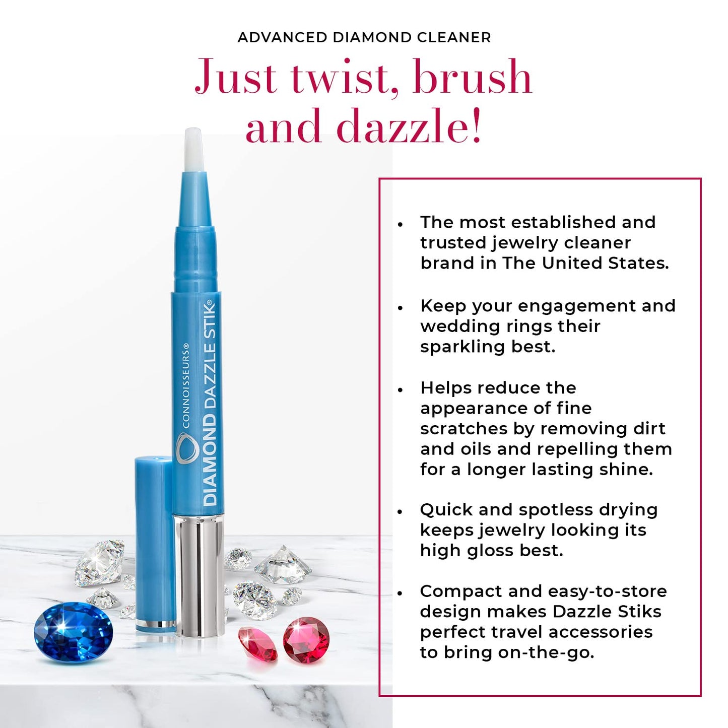 Connoisseurs Jewellery Cleaner Diamond Dazzle Stik | Cleaner for Jewellery Sparkle & Shine | Brush Tip & Compact for Diamonds & Precious Stones (Diamond Dazzle Stik)