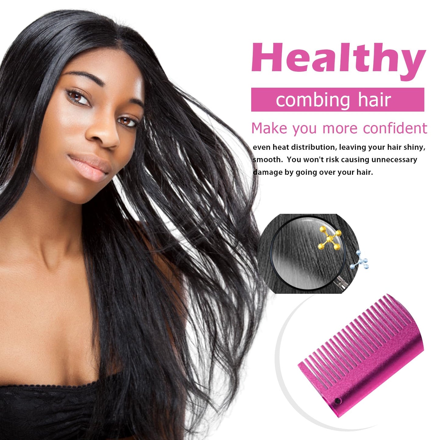 Goiple Electric Hot Comb Pink Hair Straightener Electrical Straightening Comb Curling Iron for Natural Black Hair Wigs with Wide Tooth/Rat Tail Comb, Wax Stick, Wig Cap, Edge Band, Hair Clips