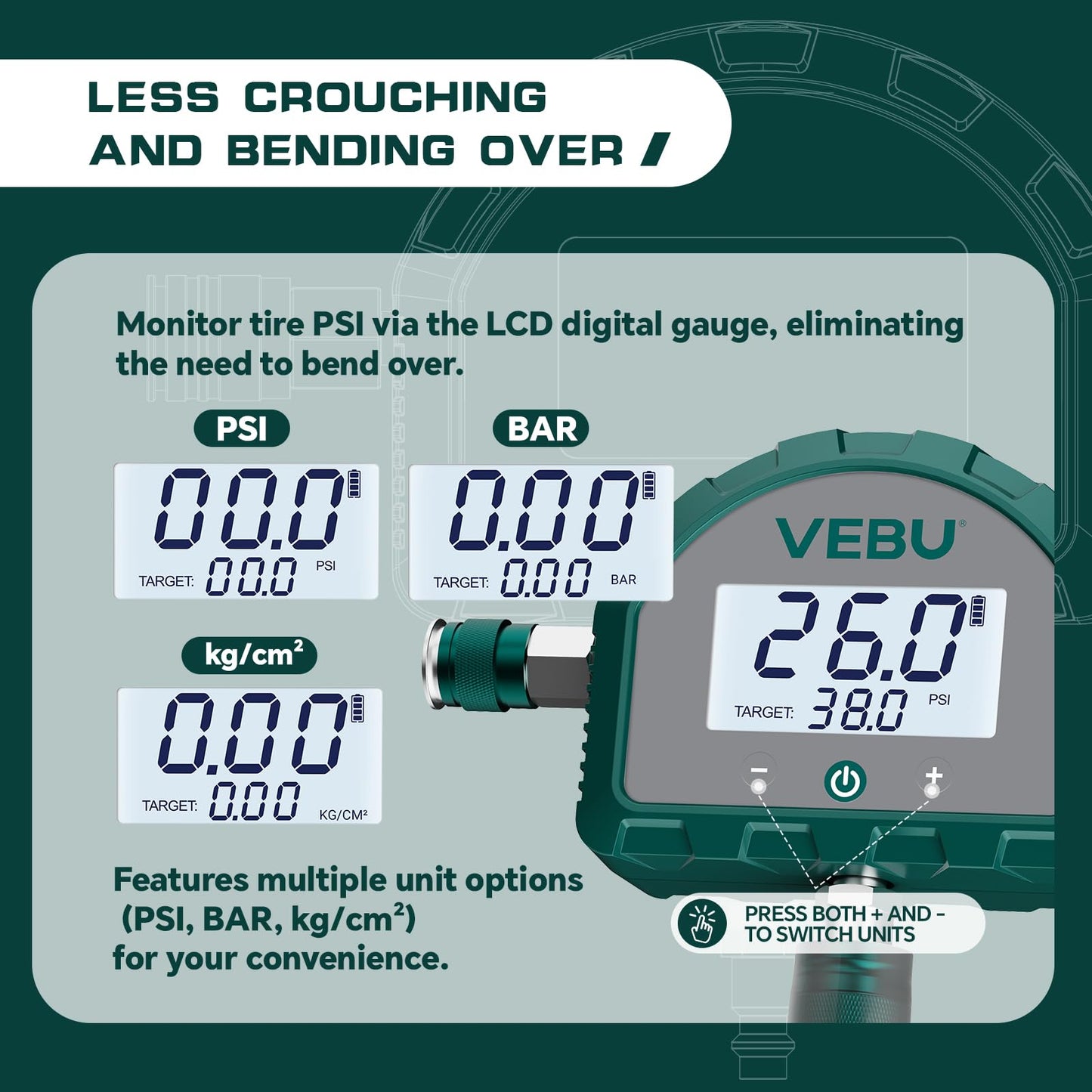 VEBU 4 Tire Inflation System, Auto Shut Off 4 Way Tire Inflation & Deflation Hose Kit with Preset Memory & Digital Display,Works with Your Air Compressor for Trucks, SUVs, RVs