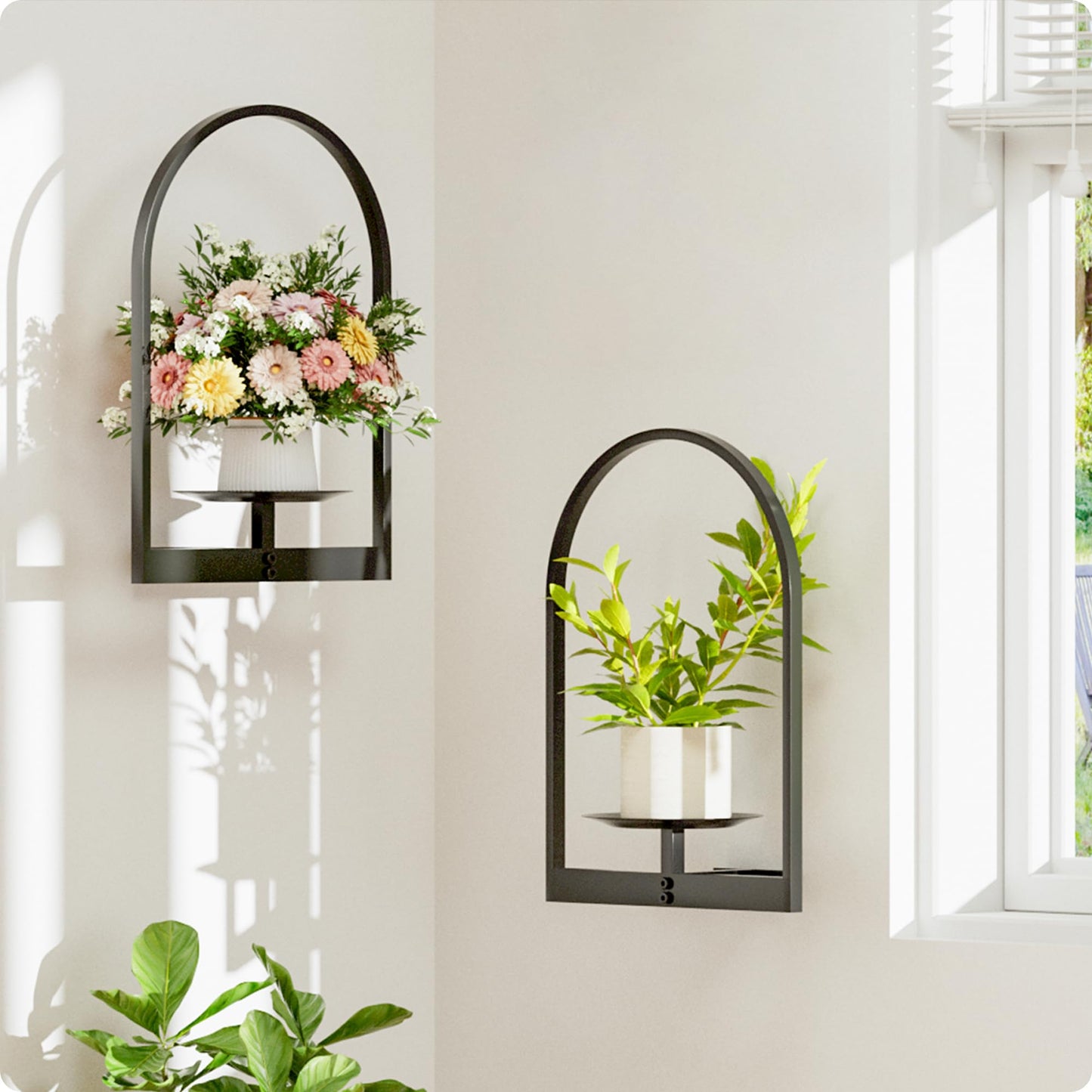 BUTUNITA Black Metal Wall Plant Holder - 2-Pack Wall Mounted Plant Stands and Hanging Holders for Indoor Planter and Flower Pot - Arch Decor Shelf for Plant Storage (Pot Not Included)
