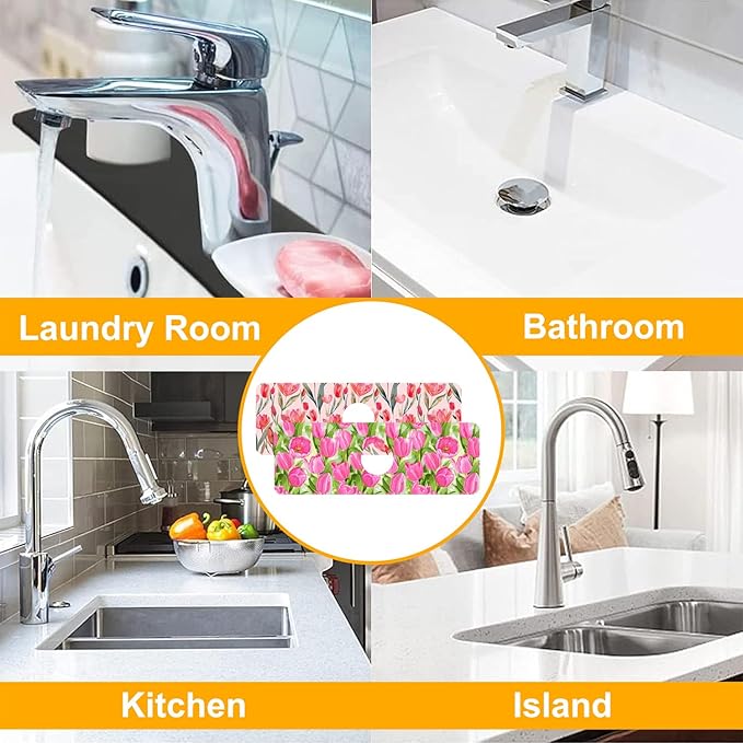 2 Pack Watercolor Tulips Sink Faucet Absorbing Mat Pink Tulips Super Absorbent