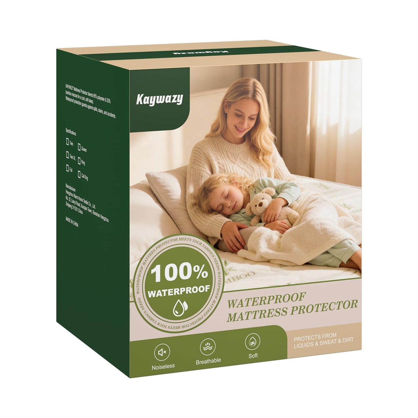 KAYWAZY Waterproof Mattress Protector King Size - Cooling Breathable Mattress Cover for King Bed, Noiseless Soft Bed Pad Cover, Snug Fit Deep Pocket 6''–18'', Ideal for Dorms & Guest Rooms, Green