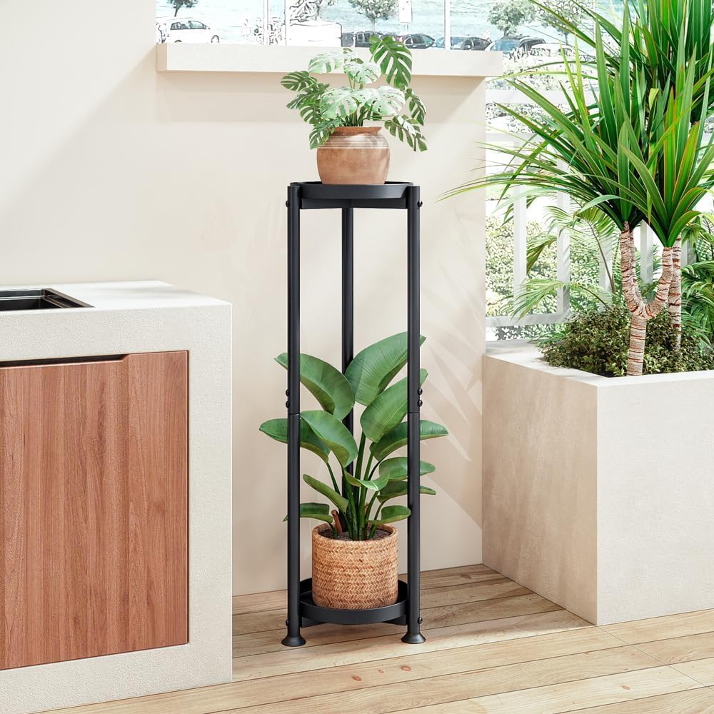 YIZAIJIA Plant Stand Indoor Outdoor Corner Tall 2 Tier Metal Tiered Single Small Plant Stands Sturdy Shelf for Living Room Balcony Garden,Black