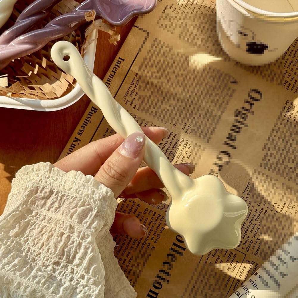 3pcs Ceramic Soup Spoons Cute Serving Spoons with Long Handle Star Pattern Tablespoons for Desserts Yogurt Appetizers Soup Coffee (Yellow, Purple, Green)