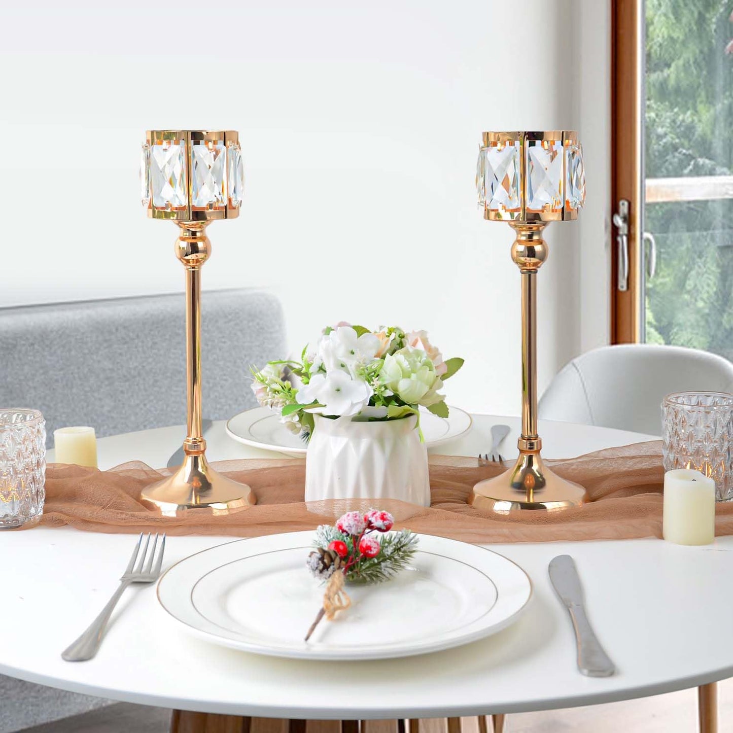 2 Piece Crystal Bowl Tealight Candelabra Votive Candle Stands, Wedding centerpieces for Tables Crystal Candlestick,Centerpiece Table Decorations (Gold 2PS)