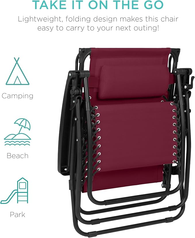 Best Choice Products 30” Wide Folding Zero Gravity Outdoor Recliner Patio Lounge Chair w/Adjustable Canopy Shade, Headrest, Side Accessory Tray - Burgundy