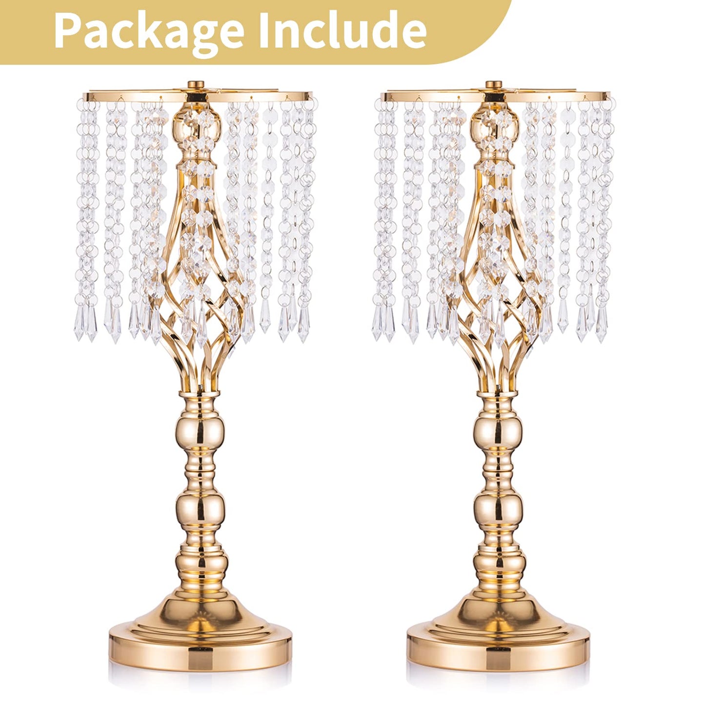 2 Pcs 19.3 inches Gold Centerpieces Table Tall Crystal Flowers Stand Wedding Road Lead Flower Holders Crystal Chandelier Metal for Reception Tables Supplies