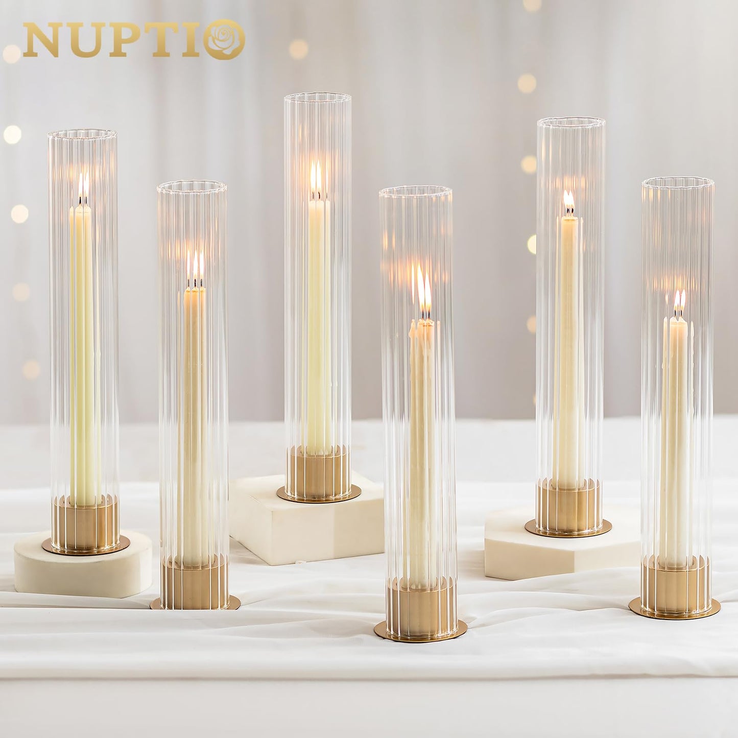 NUPTIO Candlestick Holder with Fluted Hurricane: Set of 6 Metal Candle Holders with Glass Cylinders - Gold Taper Candleholders for Birthday Valentine Wedding Table Centerpiece Outdoor Decor