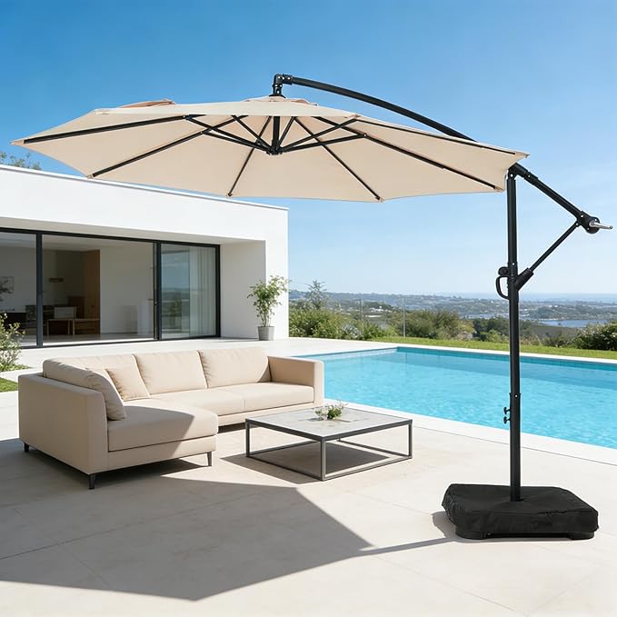 wikiwiki 10ft Patio Umbrella with Base Included, Outdoor Offset Cantilever Umbrella with Sandbag Base for Backyard, Garden and Pool, Easy to Tilt and Crank, Beige