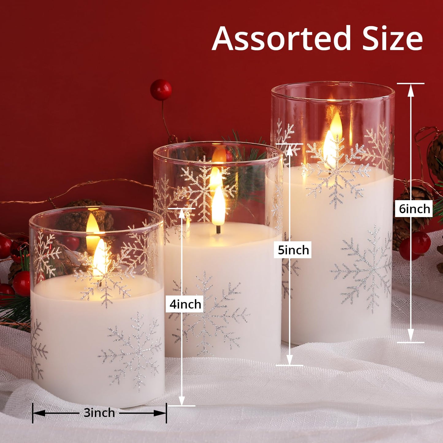 Girimax Clear Snowflakes Christmas Flameless Candles with Remote, Flickering Battery LED Pillar Candles Set of 3