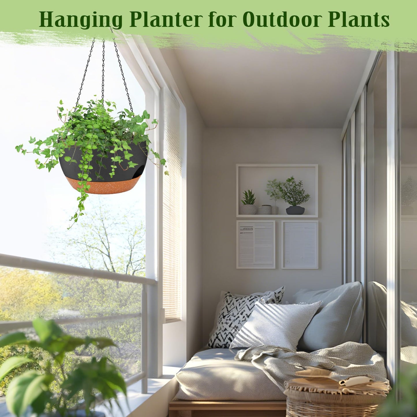 Lucieblessdesign Hanging Planters for Outdoor Indoor Plants, 2 Pack 12 Inch Hanging Basket Plants Outdoor, Self Watering Hanging Planter with Plant Hanger for Garden Home Decoration (Black)