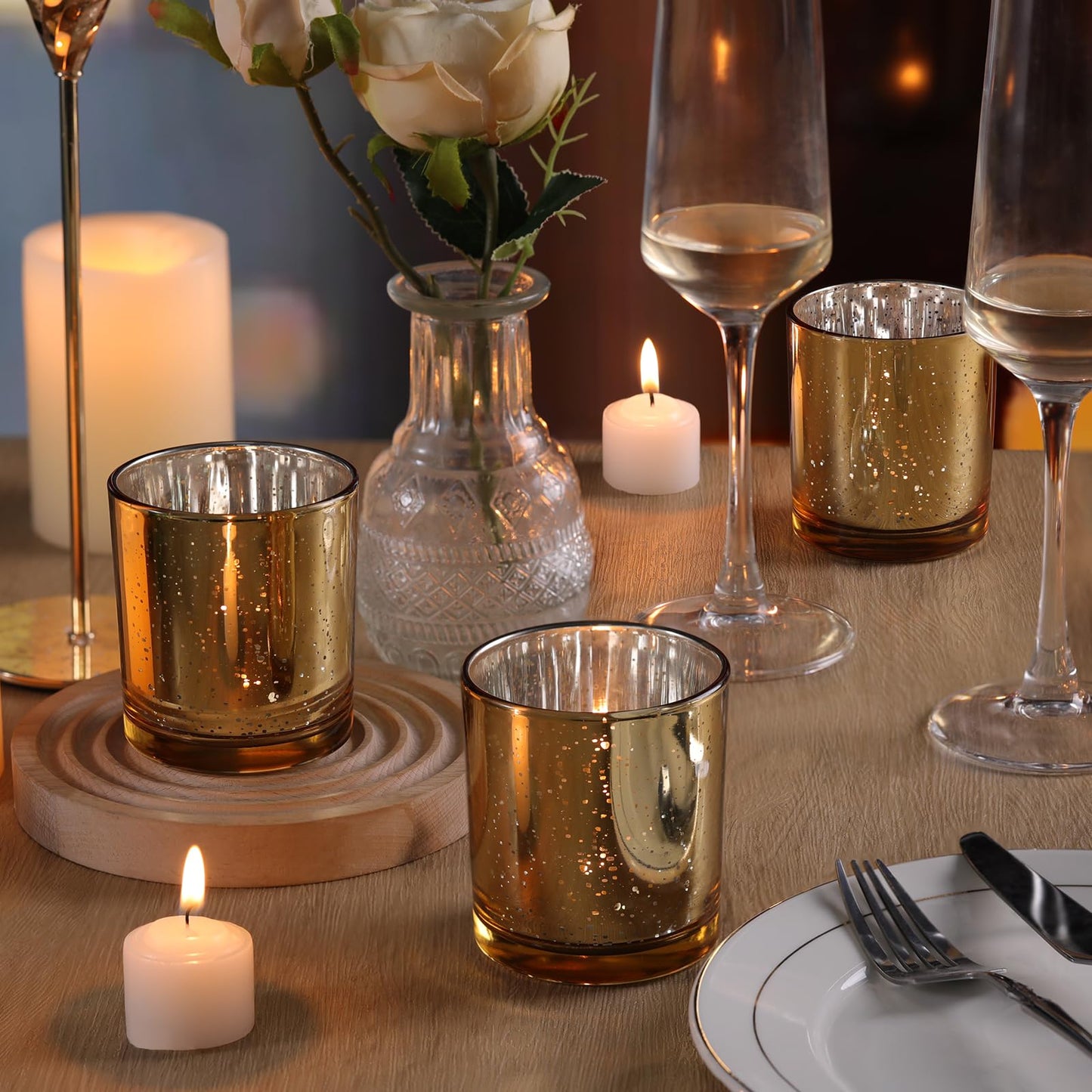 DARJEN Larger Gold Votive Candle Holders Set of 6- Tea Light Candle Holder Glass, Gold Candle Holders for Wedding, Table Centerpiece, Party and Holiday Decorations