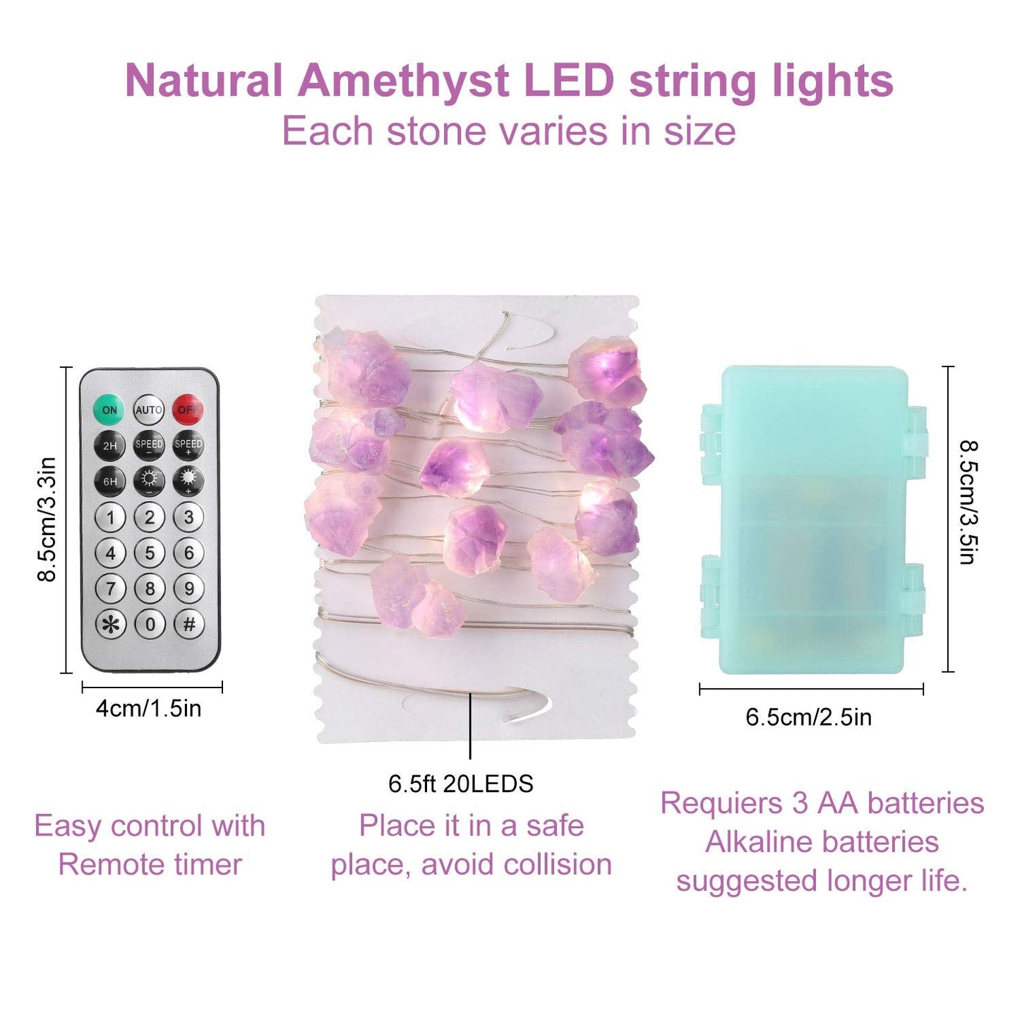 Natural Amethyst Decorative Lights Crystal Indoor String Lights Raw Stones 8.5feet 20LEDs with Remote Control, Hanging Healing Reiki Ornaments Battery Operated for Room Wedding Valentines Day Decor
