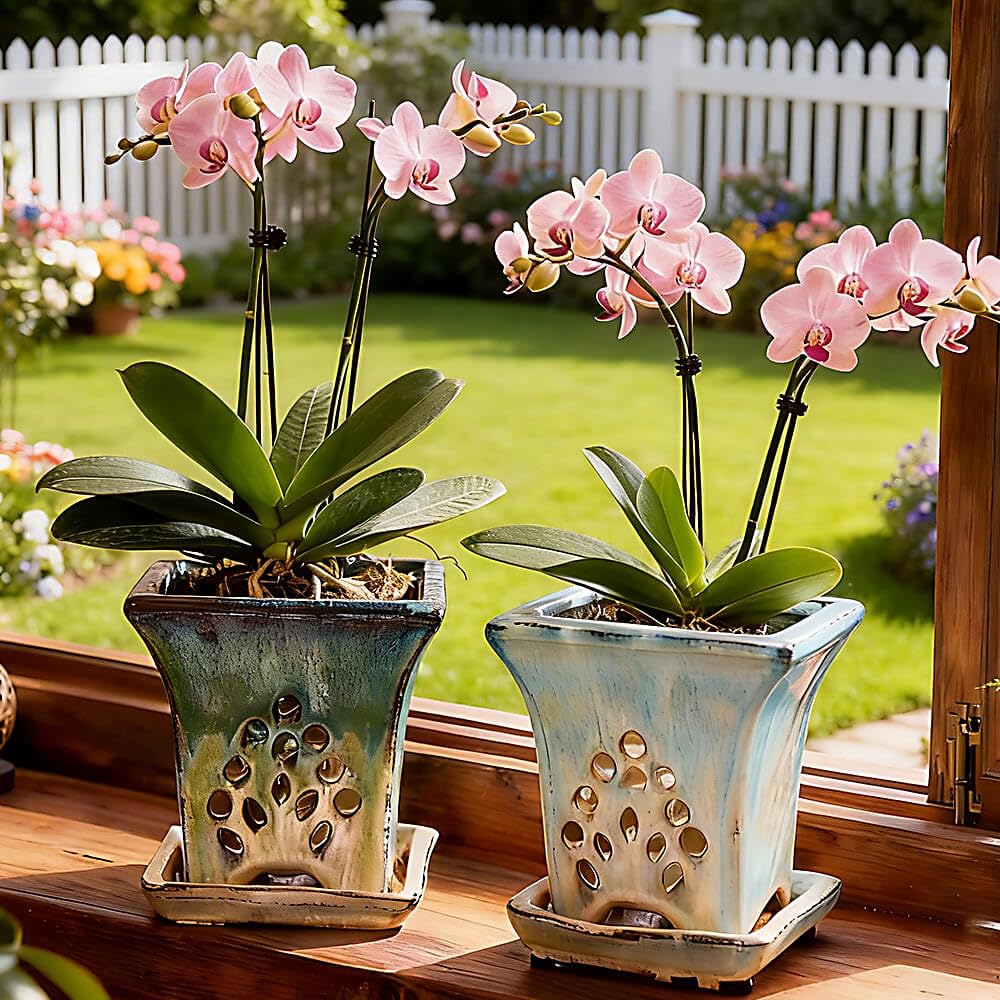 Ceramic Orchid Pots with Holes attached Saucers 4.8 Inches - Set of 2 Small Square Orchid Pots for Repotting, Decorative Ceramic Orchid Planter with Hole for Healthy Root Growth Green Blue Mixed