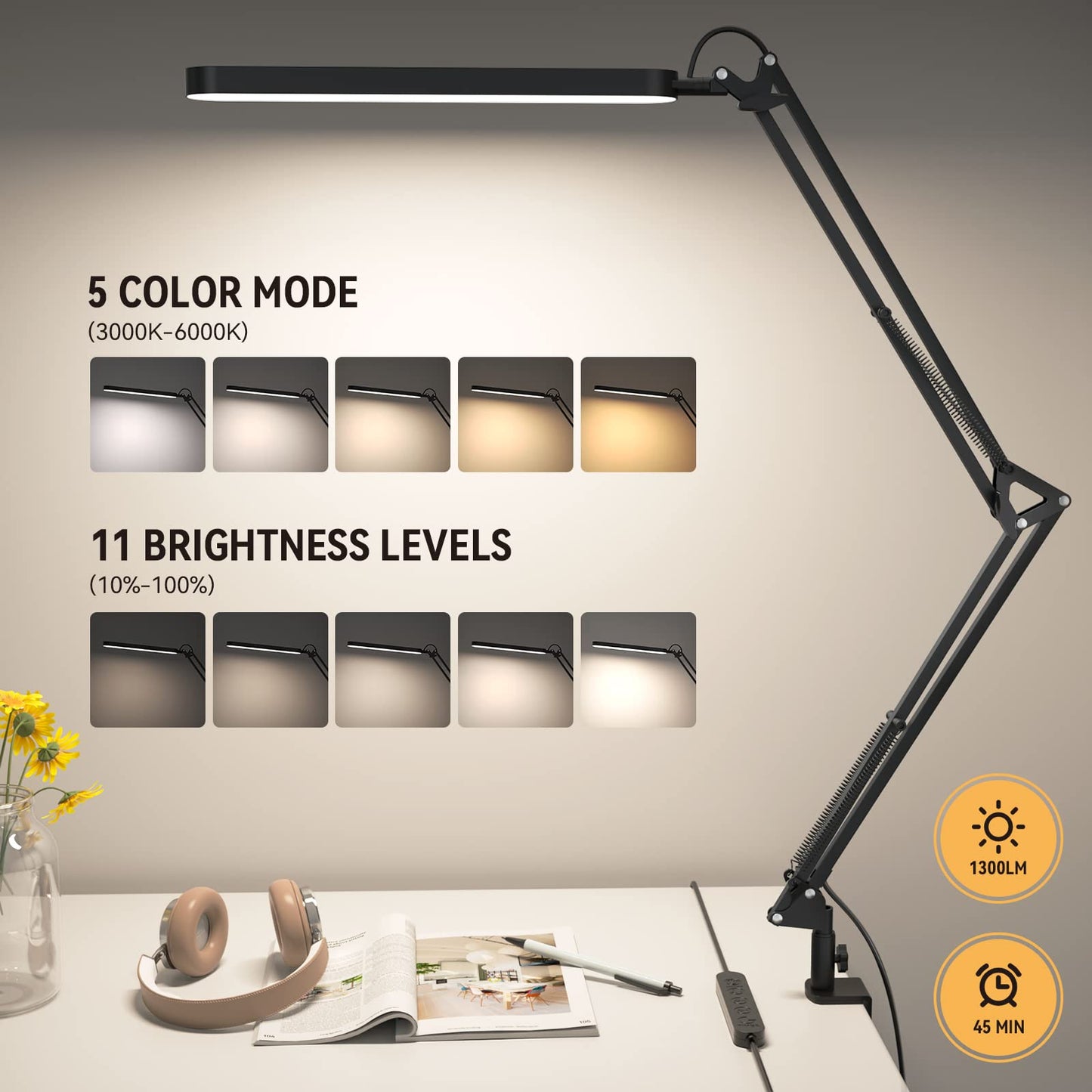 SKYLEO Desk Lamp - 80cm Desk Light - 5 Color Modes X 11 Brightness Levels - Adjustable Swing Arm - Timmer & Memory Function - 12W Study Lamp - Black